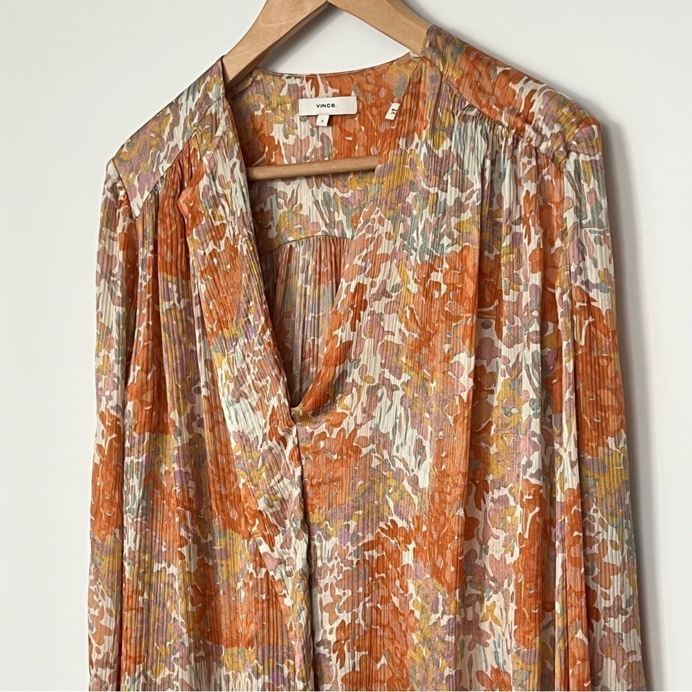 VINCE Silk Floral Print Long Sleeve Blouse Orange Fantasy Small - Picture 7 of 15